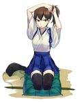  adjusting_hair armor brown_eyes brown_hair cushion japanese_clothes kaga_(kantai_collection) kantai_collection mouth_hold muneate ponytail seiza side_ponytail sitting solo tasuki thighhighs tying_hair wariza yurossan 