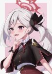  1girl :3 :d absurdres black_jacket blue_archive blush border buttons commentary cropped_jacket double-breasted eyelashes finger_to_mouth grey_hair hair_behind_ear hair_between_eyes halo hand_up highres index_finger_raised jacket long_hair looking_ahead miyuki_kotori mutsuki_(blue_archive) open_mouth outside_border pink_background pointy_ears purple_eyes red_halo shirt short_sleeves side_ponytail simple_background slit_pupils smile solo three_quarter_view upper_body very_long_hair white_border white_shirt 