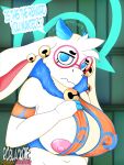 3:4 absurd_res angela_flux anthro armband atlyss bell belly big_breasts blue_eyes bovid breasts caprine claws clothing dialogue dragon english_text eyewear female fluffy frown frown_eyebrows fur glasses goat hi_res horn hybrid library long_ears magic mammal mature_female mythological_creature mythological_scalie mythology nipples rcblackdie scalie slipping solo text topwear white_body white_fur