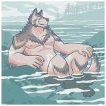 1:1 2023 4_toes 5_fingers absurd_res anthro athletic border canid canine canis feet fingers fur grey_body grey_fur grin hi_res male mammal nipples nude plant plantigrade sea sitting sitting_in_water smile snarkysardine solo toes tree water white_border wolf