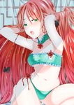  bad_id bad_pixiv_id bandeau bikini blush braid breasts cameltoe cleavage green_eyes hair_ribbon highres hong_meiling long_hair medium_breasts navel open_mouth red_hair ribbon side-tie_bikini solo swimsuit touhou twin_braids underboob wet yamada_ranga 