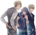  bad_id bad_pixiv_id bandaid blonde_hair blue_hair dramatical_murder earrings formal glasses headphones headphones_around_neck jacket jewelry letterman_jacket male_focus megane_(artist) multiple_boys necktie pants plaid plaid_pants plaid_vest seragaki_aoba suit trip_(dramatical_murder) vest virus_(dramatical_murder) 