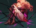  aqua_eyes ask_(askzy) black_footwear blonde_hair blood boots breasts cleavage cross-laced_footwear danganronpa danganronpa_1 enoshima_junko hair_ornament high_heel_boots high_heels knee_boots lace-up_boots leg_hug legs long_hair long_legs medium_breasts nail_polish pink_blood polearm school_uniform sitting skirt sleeves_rolled_up solo spear spoilers thighs twintails weapon 