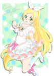  atsuman_(hogumogu25) blonde_hair bow brooch choker cure_rhythm dress earrings frills green_eyes heart highres jewelry long_hair magical_girl minamino_kanade open_mouth pink_hair precure ribbon smile solo suite_precure white_choker 