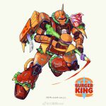 armor blue_eyes burger burger_king chinese_commentary chromatic_aberration coca-cola commentary_request english_text finger_on_trigger food food_focus full_body gun gundam helmet highres holding holding_gun holding_weapon iwse_zhang ketchup logo logo_parody mecha_focus mobile_suit_gundam onion orange_helmet qr_code receipt rifle simple_background solo spring_onion watermark weapon weibo_username weibo_watermark white_background zaku zaku_ii zaku_ii_s 