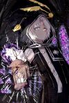  1boy 1other allen_walker altar badge black_coat black_order_uniform cathedral church coat creature cross d.gray-man facial_mark feathered_wings gloves golem_(d.gray-man) grey_eyes hallway highres holding holding_lantern hood hood_up hooded_coat indoors lantern long_coat looking_at_viewer male_focus scar scar_on_face shirt short_hair single_glove sodamachi stained_glass star_(symbol) star_facial_mark striped_coat tail timcanpy white_gloves white_hair white_shirt white_stripes window wings 