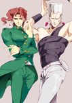  \m/ armpits arms_up asymmetrical_bangs asymmetrical_clothes bangs bare_shoulders blue_eyes bracer earrings gakuran green_eyes grey_hair jean_pierre_polnareff jewelry jojo_no_kimyou_na_bouken jojo_pose kakyouin_noriaki long_coat male_focus mapi multiple_boys muscle no_eyebrows pose red_hair school_uniform silver_hair simple_background 