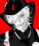  1boy bandage_over_one_eye eyeball fangs fire_helmet firefighter firefighter_jacket grin highres identity_v jacket mullet one_eye_covered pipiron9 red_background red_eyes smile solo solo_focus 