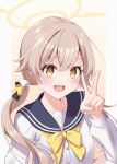  1girl 2024 :d absurdres blue_archive blush bow bowtie brown_eyes brown_hair cardigan commentary_request dated_commentary eyelashes hair_between_eyes hair_bow halo hand_up happy hifumi_(blue_archive) highres long_hair long_sleeves looking_at_viewer low_twintails miyuki_kotori open_mouth school_uniform serafuku simple_background smile solo tareme twintails upper_body v white_background white_cardigan wing_hair_ornament winged_halo yellow_bow yellow_bowtie yellow_halo 