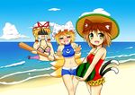  =_= absurdres alternate_costume anger_vein animal_ears baseball_bat beach bikini blue_sky blush bow breasts brown_hair cat_ears cat_tail chen cleavage cloud day drooling food fox_tail frilled_swimsuit frills fruit gap hair_bow hat hat_ribbon highres looking_at_another looking_away medium_breasts mob_cap multiple_girls multiple_tails navel ocean one-piece_swimsuit open_mouth outdoors pillow_hat rapisumeron ribbon shaded_face short_hair sidelocks sky small_breasts sports_bikini straw_hat sun_hat swimsuit tail touhou watermelon yakumo_ran yakumo_yukari yellow_eyes yin_yang 