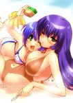  ;d air bikini blue_hair breasts camera casual_one-piece_swimsuit green_eyes kirishima_hijiri kirishima_kano large_breasts long_hair multiple_girls one-piece_swimsuit one_eye_closed open_mouth polka_dot polka_dot_bikini polka_dot_swimsuit potato_(air) purple_hair ribbon scalpel short_hair siblings sisters smile swimsuit zen 