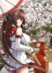  1girl ass breasts brown_eyes brown_hair cherry_blossoms closed_mouth commentary_request detached_sleeves flower from_behind hair_between_eyes hair_flower hair_intakes hair_ornament headgear highres holding holding_umbrella ichikawa_feesu kantai_collection large_breasts long_hair looking_at_viewer looking_back outdoors photo_background pleated_skirt ponytail red_sailor_collar sailor_collar skirt smile solo umbrella very_long_hair white_skirt white_sleeves yamato_(kancolle) yamato_kai_ni_(kancolle) 