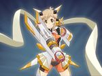  antenna_hair armor blue_background bodysuit breasts brown_hair cameltoe cowboy_shot dark_background doyagao fighting_stance headgear headphones highres looking_at_viewer medium_breasts orange_bodysuit power_armor scarf senki_zesshou_symphogear short_hair skin_tight solo spread_legs tachibana_hibiki_(symphogear) unyon yellow_eyes 