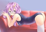  ass bent_over bespectacled breasts couch cowboy_shot crescent crescent_hair_ornament glasses hair_ornament long_hair looking_back medium_breasts one-piece_swimsuit patchouli_knowledge purple_eyes purple_hair school_swimsuit sitting solo spirytus_tarou swimsuit thighhighs thighs touhou white_legwear 