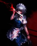  apron between_fingers blood blood_on_face bloody_clothes bloody_hands bloody_knife blue_dress braid crazy_smile darkness dress flaming_sword glowing glowing_eyes highres izayoi_sakuya knife looking_at_viewer maid maid_headdress puffy_sleeves red_eyes shirt short_sleeves silver_hair solo spark621 touhou twin_braids waist_apron 