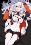  1girl :o absurdres bangs bed bed_sheet blue_eyes bodysuit breasts cleavage highres honkai_(series) honkai_impact_3rd jacket kiana_kaslana kiana_kaslana_(white_comet) long_hair long_sleeves looking_at_viewer lying on_back open_clothes open_jacket open_mouth solo white_bodysuit white_hair yaomeidezenggaoxiedian667 