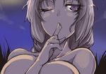  blue_eyes breasts cleavage close-up face finger_to_mouth large_breasts long_hair night nude one_eye_closed outdoors shushing silver_hair sketch solo suikamaru touhou upper_body yagokoro_eirin 
