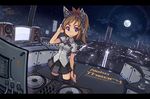  animal_ears artist_name brown_hair building cable cat_ear_headphones cat_ears cityscape cup dj headphones highres keyboard_(computer) letterboxed looking_at_viewer monitor moon nancou_(nankou) night night_sky original papers phonograph purple_eyes saucer short_hair sky skyline skyscraper solo speaker teacup thighhighs turntable 