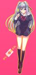  black_legwear breasts denpa_kyoushi fan folding_fan full_body hair_intakes hair_ribbon hiiragi_koyomi japanese_flag kneehighs looking_at_viewer medium_breasts outline red_eyes ribbon saigi school_uniform silver_hair simple_background smile solo translated 