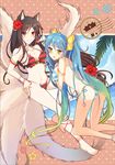  ahri animal_ears anklet aqua_hair armlet ass barefoot beach bikini blue_hair blush breasts brown_hair cleavage flower fox_ears fox_tail gradient_hair hair_flower hair_ornament hand_on_hip hibiscus jewelry large_breasts league_of_legends long_hair maydream midriff multicolored_hair multiple_girls multiple_tails postcard red_eyes ring side-tie_bikini smile sona_buvelle star star_hair_ornament striped striped_bikini striped_swimsuit swimsuit tail twintails untied very_long_hair yellow_eyes 