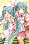  aqua_eyes aqua_hair bad_id bad_pixiv_id basket blush dress hair_ribbon hatsune_miku hatsune_miku_no_bousou_(vocaloid) long_hair multiple_girls necktie open_mouth ribbon striped striped_legwear thighhighs twintails uguisu_mochi_(ykss35) v very_long_hair vocaloid 