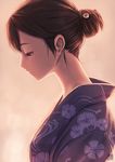  blush brown_eyes brown_hair hair_bun hair_ornament hairpin japanese_clothes kimono long_neck original profile sin_gun_woo solo star yukata 