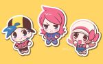  1girl 2boys :d backwards_hat blue_overalls blush_stickers bow brown_hair chibi chueog closed_mouth ethan_(pokemon) hat hat_bow jacket long_hair lyra_(pokemon) multiple_boys open_mouth outline overalls pants pink_hair pokemon pokemon_hgss shirt shoes short_hair silver_(pokemon) smile twintails twitter_username white_hat yellow_background 