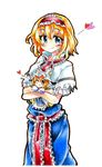  alice_margatroid blonde_hair blush capelet colored_pencil_(medium) eyelashes fox_tail gokuu_(acoloredpencil) green_eyes hairband hat heart highres hug looking_at_viewer minigirl multiple_girls multiple_tails one_eye_closed outline short_hair simple_background smile tail touhou traditional_media white_background yakumo_ran yellow_eyes 