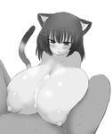  1girl animal_ears areolae blush breast_rest breasts cat_ears cat_tail cum gigantic_breasts highres marimofu monochrome nipples paizuri puffy_nipples solo_focus tail 