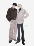  2boys absurdres badeni black_eyes black_hair blonde_hair blue_eyes chi.:_chikyuu_no_undou_ni_tsuite coat contemporary eyepatch full_body highres jacket long_sleeves male_focus medium_hair multiple_boys necktie oczy pants scar scar_on_face scar_on_lip scar_on_mouth scar_on_nose shirt shoes short_hair sim standing white_background yoro_(dddd_od) 