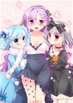  :d akari_(fantasista_doll) alfred blue_eyes blue_hair bow breasts cleavage collarbone dress fantasista_doll fishnet_pantyhose fishnets girl_sandwich glasses grey_hair hair_bow hair_bun hair_ornament height_difference highres katia_(fantasista_doll) large_breasts long_hair looking_at_viewer madeleine_(fantasista_doll) multiple_girls open_mouth pantyhose purple_eyes purple_hair red_eyes sandwiched size_difference smile stuffed_animal stuffed_toy teddy_bear very_long_hair 