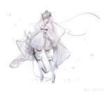  1girl absurdres bouquet breasts commentary_request dress elbow_gloves ergouzi_echo flower full_body gloves grey_eyes grey_hair grey_ribbon gun hair_flower hair_ornament high_ponytail highres long_hair looking_at_viewer mechanical_legs nanami_(pgr) open_mouth ponytail punishing:_gray_raven simple_background small_breasts solo spiked_hair_ornament teeth upper_teeth_only veil very_long_hair watermark weapon weibo_watermark white_background white_dress white_flower white_gloves white_veil zettai_ryouiki 
