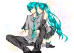  1girl closed_eyes colorized genderswap genderswap_(ftm) hatsune_miku hatsune_mikuo highres hug hug_from_behind jellylily long_hair necktie open_mouth sitting skirt smile thighhighs very_long_hair vocaloid 