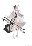 1girl black_choker black_ribbon breasts choker cleavage commentary_request dress elbow_gloves ergouzi_echo full_body gloves grey_hair hair_ribbon halo highres holding holding_weapon long_hair looking_at_viewer medium_breasts nail_polish one_side_up original parted_lips partially_fingerless_gloves pouch red_eyes red_nails ribbon shoes simple_background solo tachi-e very_long_hair watermark weapon weibo_watermark white_background white_dress white_gloves white_shoes 