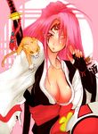  baiken bottle breasts cat cleavage facial_mark guilty_gear katana large_breasts missing_eye pink_hair sake_bottle shiina_you_(tomoshibi) solo sword weapon 