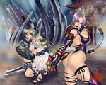  ass blonde_hair breasts cleavage earrings gladiator_sandals hair_ornament highres huge_ass huge_breasts isabella_valentine jewelry kneeling large_breasts looking_at_viewer multiple_girls purple_hair sandals shield sophitia_alexandra soul_calibur soulcalibur_iv standing sword weapon whip xuexue_yue_hua 