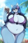 2024 anthro beach belly big_breasts bodily_fluids book breasts canid canine clothing female hi_res mammal overweight rinkei shano_541 solo sweat swimwear thick_thighs wide_hips