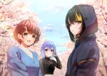  3girls absurdres ahoge black_camisole black_hair black_hoodie black_shirt blonde_hair blue_cardigan blue_hair blush brown_hair camisole cardigan cherry_blossoms cometik_(idolmaster) commentary_request falling_petals hair_ornament hairpin highres hood hood_up hoodie idolmaster idolmaster_shiny_colors ikaruga_luca ikuta_haruki kaiso_(kaisooekaki) lace_shirt looking_at_viewer multiple_girls outdoors petals see-through_clothes see-through_shirt shirt signature smile suzuki_hana sweater upper_body white_shirt white_sweater 