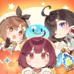  3girls :d :o ahoge atelier_(series) atelier_ryza atelier_sophie atelier_yumia black_hair brown_eyes brown_gloves brown_hair carelier11 chibi chibi_only closed_mouth commentary flammi_(atelier) gloves hair_over_one_eye headscarf highres looking_at_viewer mole mole_under_eye multiple_girls open_mouth orange_background puni_(atelier) purple_eyes red_hair reisalin_stout smile sophie_neuenmuller star_(symbol) yellow_headscarf yumia_liessfeldt 