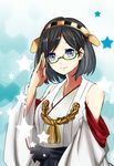  blue_eyes detached_sleeves glasses green-framed_eyewear hairband highres hiyori-1108 japanese_clothes kantai_collection kirishima_(kantai_collection) looking_at_viewer salute semi-rimless_eyewear short_hair smile solo star under-rim_eyewear 