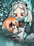  apron beaten blood bloody_marie_(skullgirls) female gloves hair_ornament hand_holding maid maid_apron mechanical_arms multiple_girls orange_hair peacock_(skullgirls) red_eyes ribbon ruchi ruchi_(shrlfmdks) short_hair silver_hair skull_hair_ornament skullgirls smile twintails 