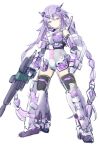  1girl absurdres beam_magnum_(gundam) beam_rifle bimmy blue_eyes braid breasts commentary energy_gun gun gundam gundam_unicorn hair_ornament headgear highres holding holding_weapon long_hair mecha_musume medium_breasts neptune_(neptunia) neptune_(series) nt-d power_symbol-shaped_pupils purple_hair purple_heart_(neptunia) solo symbol-shaped_pupils twin_braids unicorn_gundam v-fin very_long_hair weapon white_background 