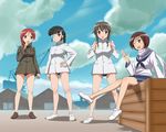 ;d black_hair brown_hair clenched_hands crane kaneko_(novram58) long_hair md5_mismatch military military_uniform minna-dietlinde_wilcke multiple_girls nishizawa_yoshiko no_pants one_eye_closed open_mouth panties ponytail red_eyes red_hair sakamoto_mio shoes short_hair smile strike_witches takei_junko underwear uniform world_witches_series 