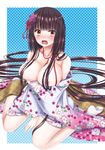  areolae black_hair blush breast_hold breasts brown_eyes floral_print hair_ornament hair_over_breasts itsumoto_hiroharu japanese_clothes kimono large_breasts long_hair nipples open_mouth original sitting solo tabi tears very_long_hair wariza white_legwear 