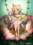  bare_shoulders blonde_hair character_request dress fairy_wings flower green_eyes hair_ornament kyouka_hatori long_hair on_flower open_mouth plant pointy_ears seisen_cerberus sitting smile solo vines wings 