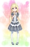  antenna_hair bad_id bad_pixiv_id blonde_hair candy child dress febrie food full_body gradient gradient_background highres lollipop long_hair looking_at_viewer mary_janes pantyhose purple_eyes sh shoes solo to_aru_kagaku_no_railgun to_aru_majutsu_no_index white_legwear 