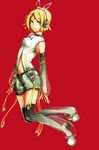  absurdres blonde_hair boots breasts colorized headphones highres kagamine_rin looking_at_viewer medium_breasts peruri red_background short_hair simple_background smile solo thigh_boots thighhighs vocaloid 