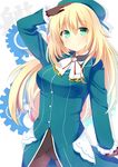 ashino atago_(kantai_collection) black_gloves blonde_hair blue_hat breasts gears gloves green_eyes hat kantai_collection long_hair looking_at_viewer medium_breasts military military_uniform pantyhose salute smile solo uniform 