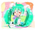  ahoge artist_name chibi closed_eyes detached_sleeves fang green_hair hatsune_miku headset long_hair mami_(sweetcandy) open_mouth sitting skirt solo sparkle twintails very_long_hair vocaloid 