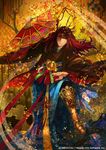  fan folding_fan horns japanese_clothes kinmokusei_(z/x) kyouka_hatori long_hair male_focus red_eyes red_hair solo z/x 